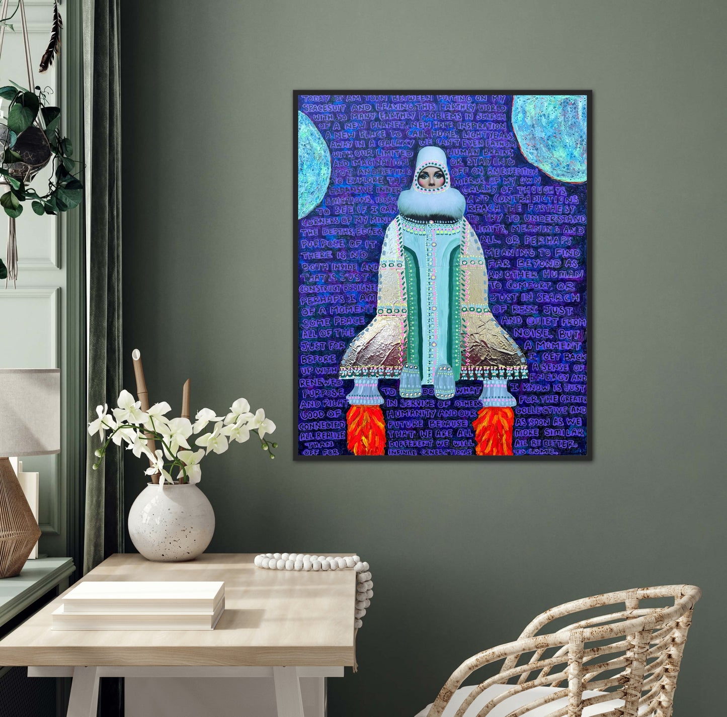 “Putting on My Spacesuit” 24x30in Original Mixed Media Artwork Framed
