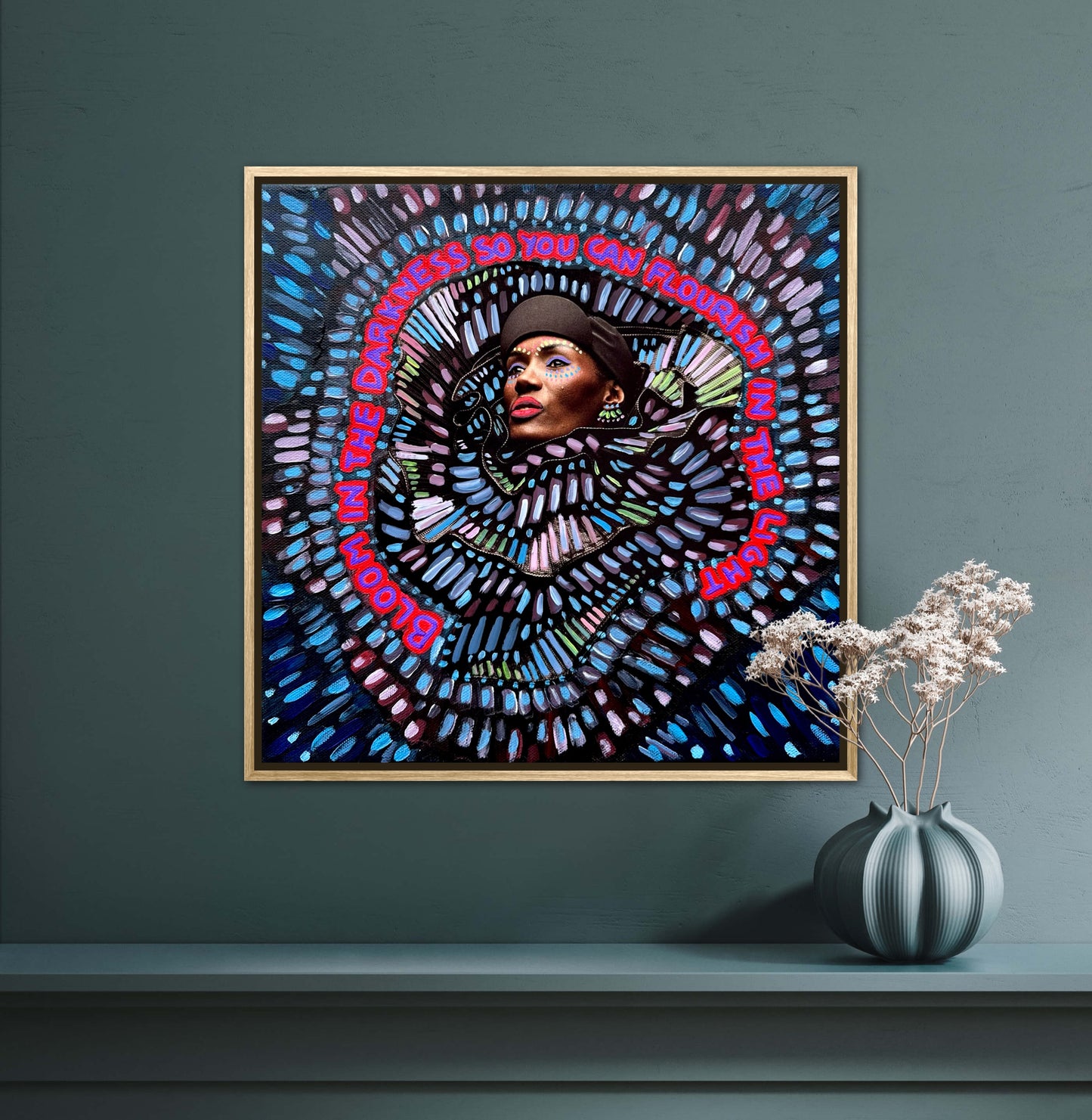 “Bloom in the Darkness” Mixed Media Original Artwork 12x12in Framed