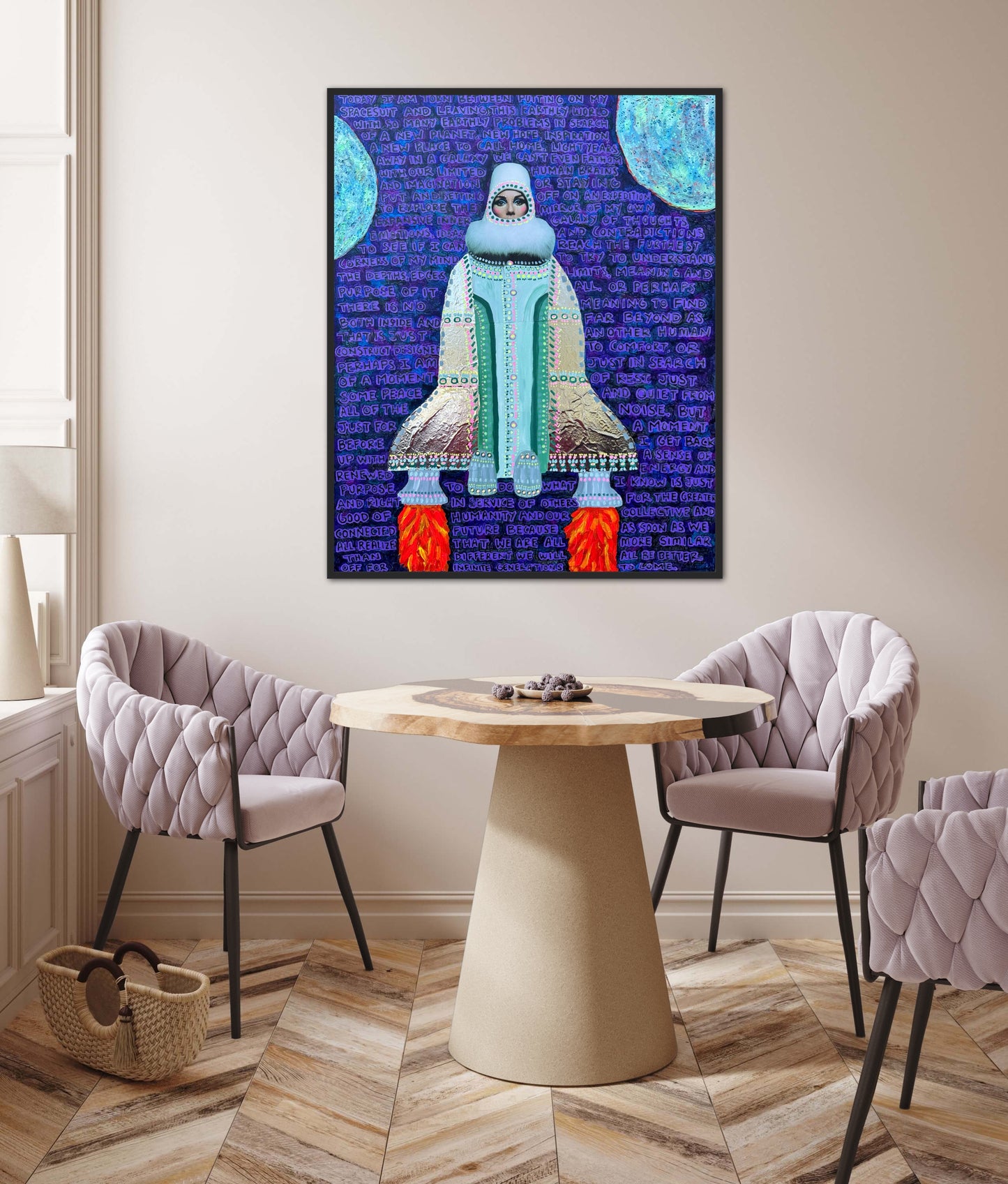 “Putting on My Spacesuit” 24x30in Original Mixed Media Artwork Framed