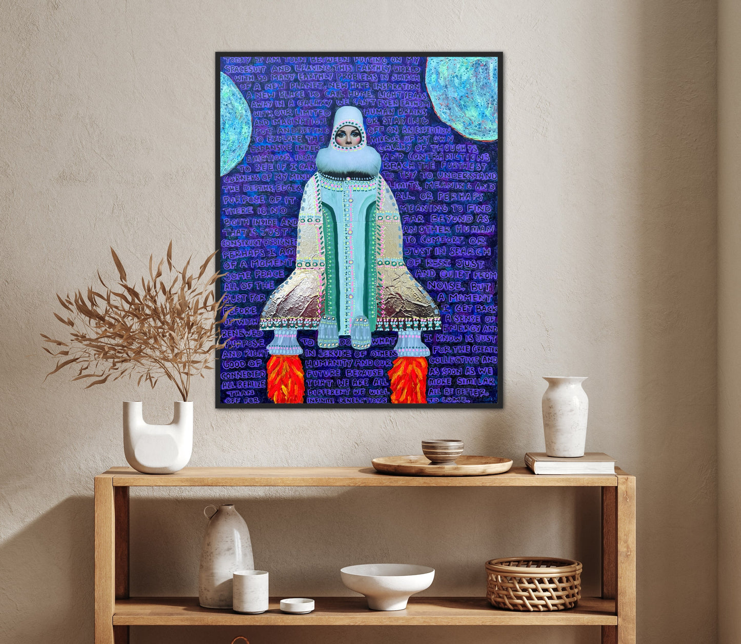 “Putting on My Spacesuit” 24x30in Original Mixed Media Artwork Framed