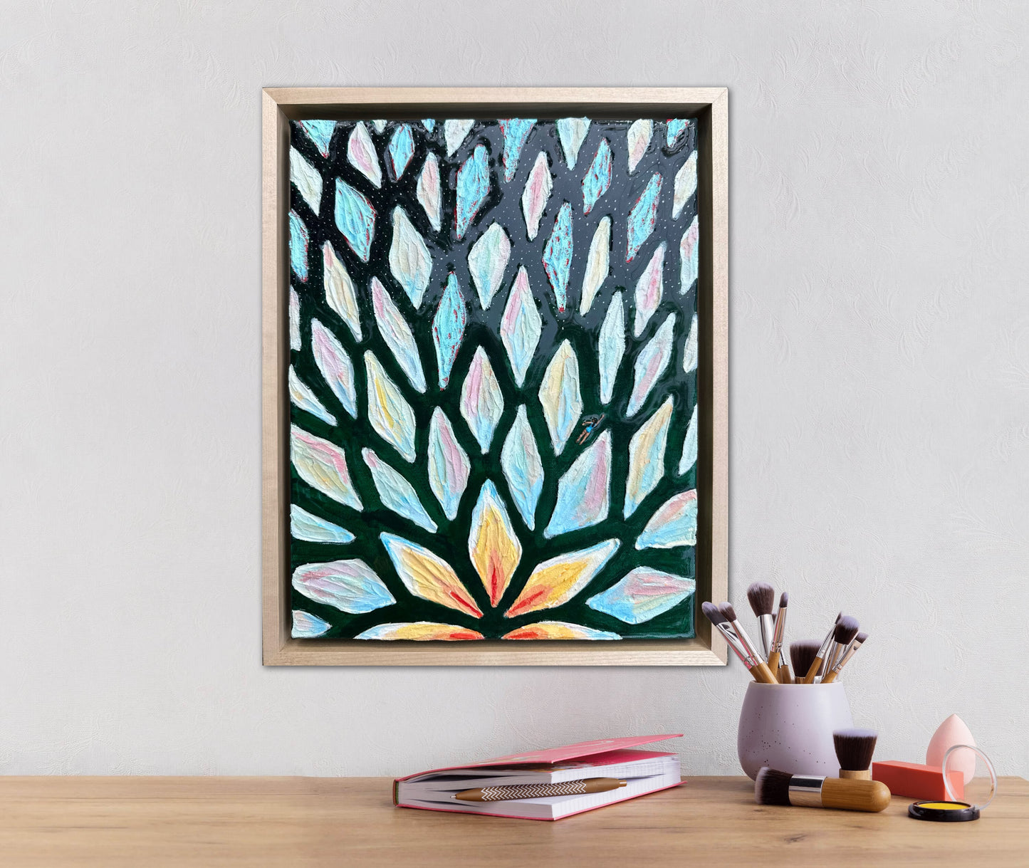 The Path of the White Lotus - 11x14in Mixed Media; Sand, Acrylic & Resin on Canvas Framed