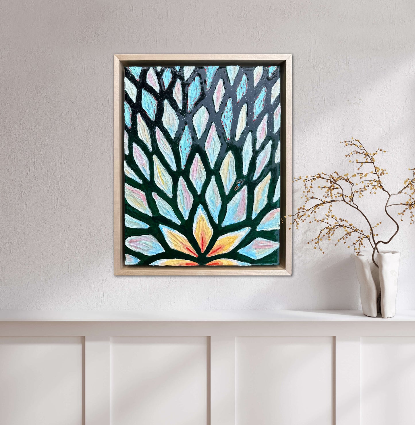 The Path of the White Lotus - 11x14in Mixed Media; Sand, Acrylic & Resin on Canvas Framed