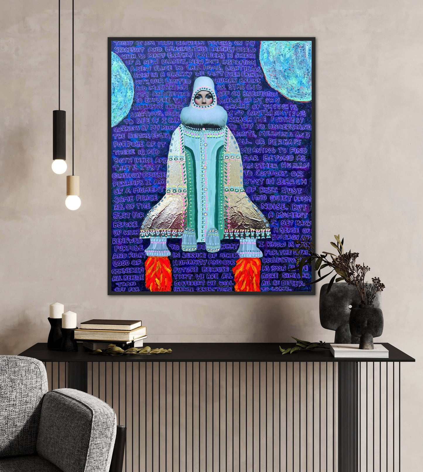 “Putting on My Spacesuit” 24x30in Original Mixed Media Artwork Framed