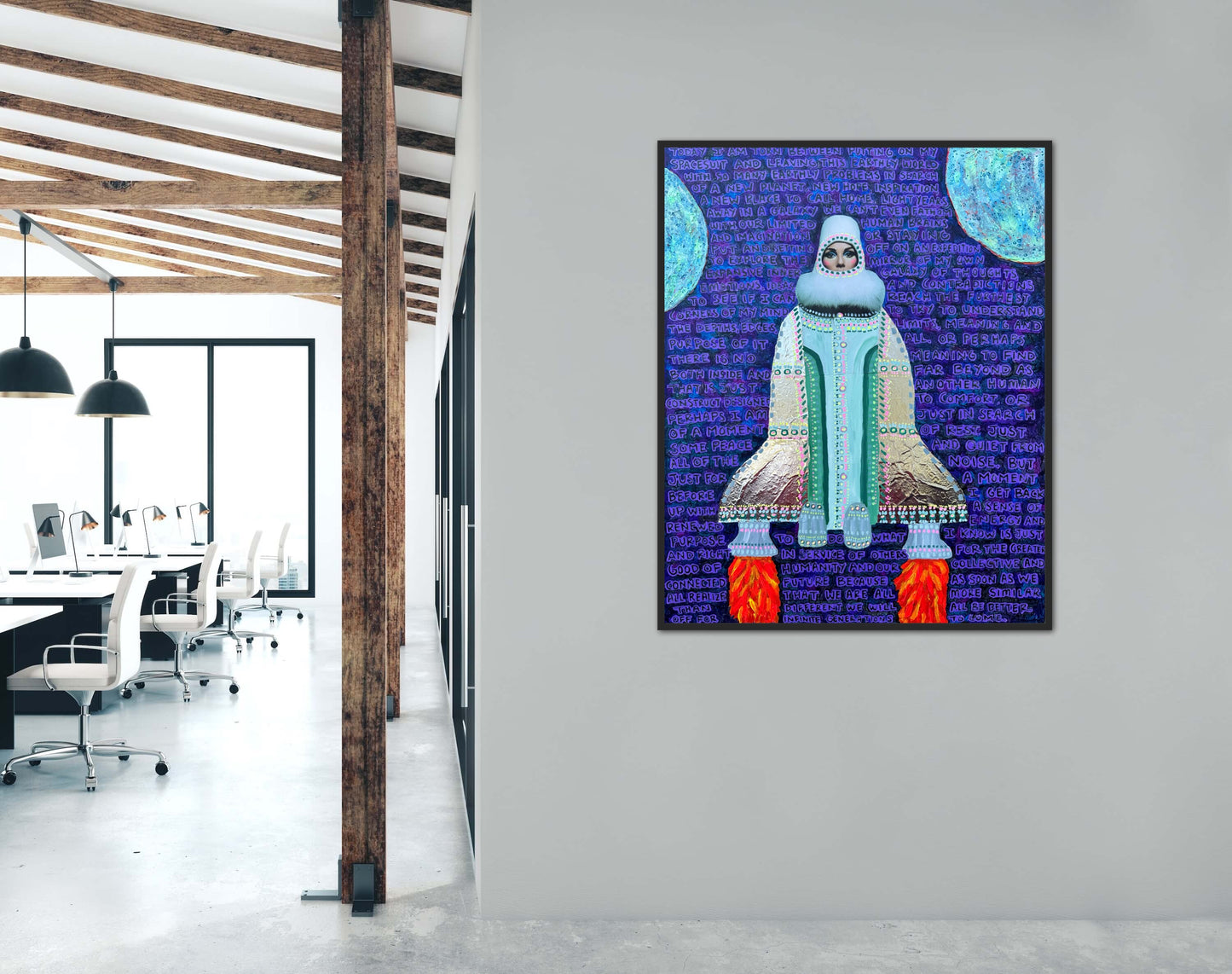 “Putting on My Spacesuit” 24x30in Original Mixed Media Artwork Framed