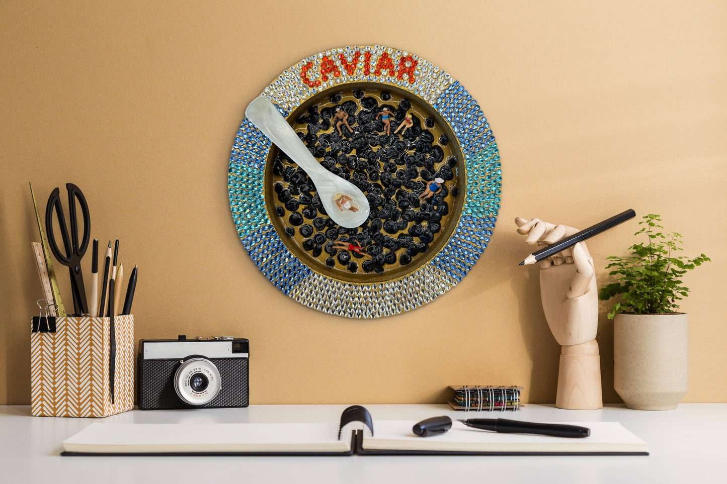 Caviart: Girl Dinner 6x6in Mixed Media Original Art