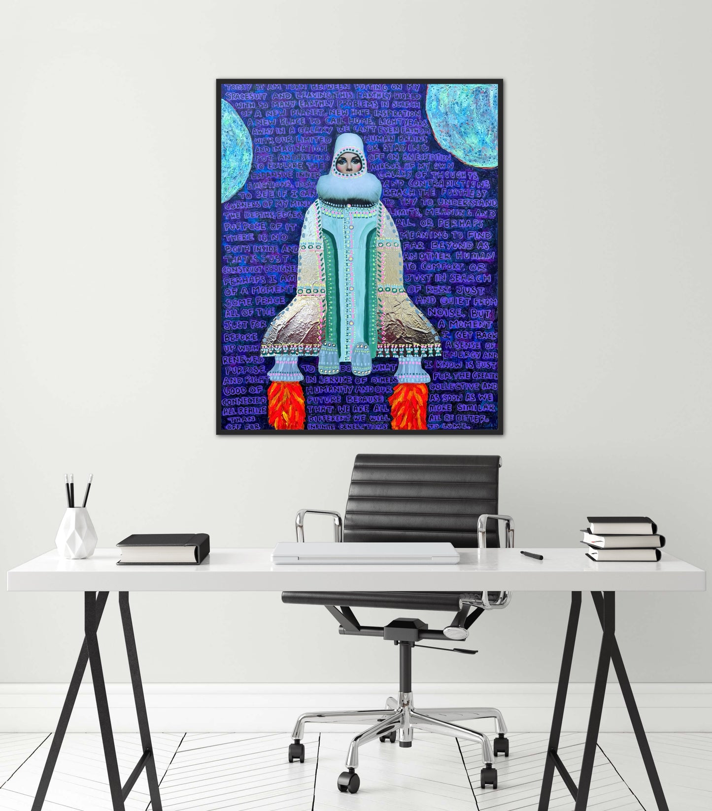 “Putting on My Spacesuit” 24x30in Original Mixed Media Artwork Framed