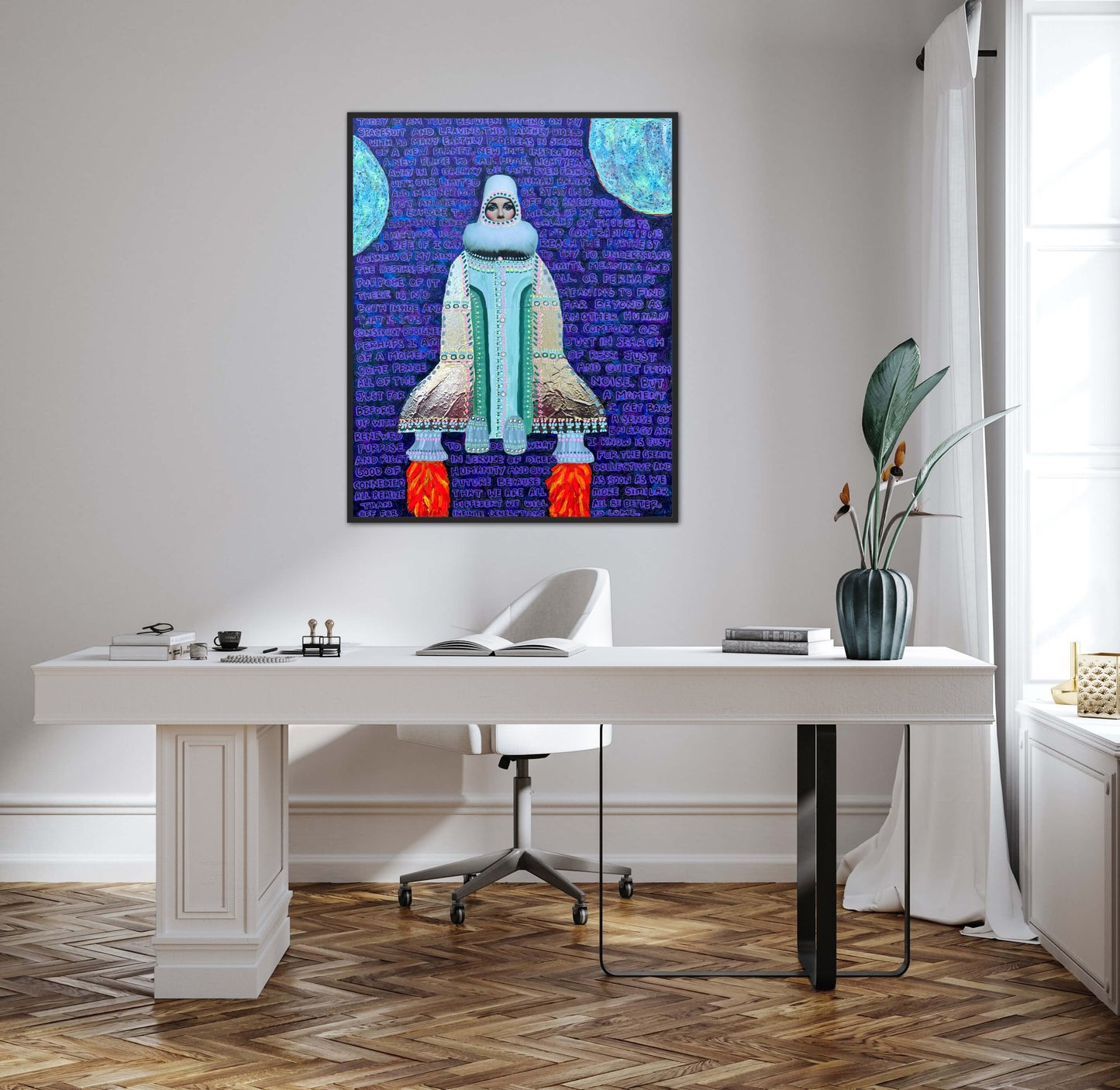 “Putting on My Spacesuit” 24x30in Original Mixed Media Artwork Framed