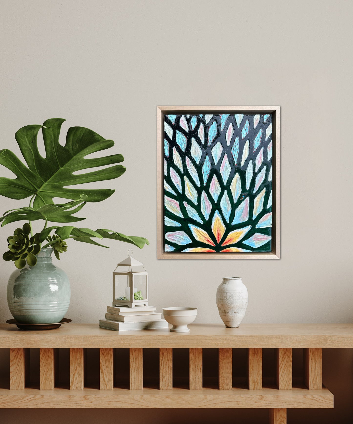 The Path of the White Lotus - 11x14in Mixed Media; Sand, Acrylic & Resin on Canvas Framed