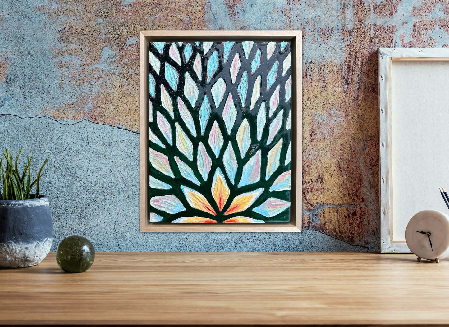 The Path of the White Lotus - 11x14in Mixed Media; Sand, Acrylic & Resin on Canvas Framed