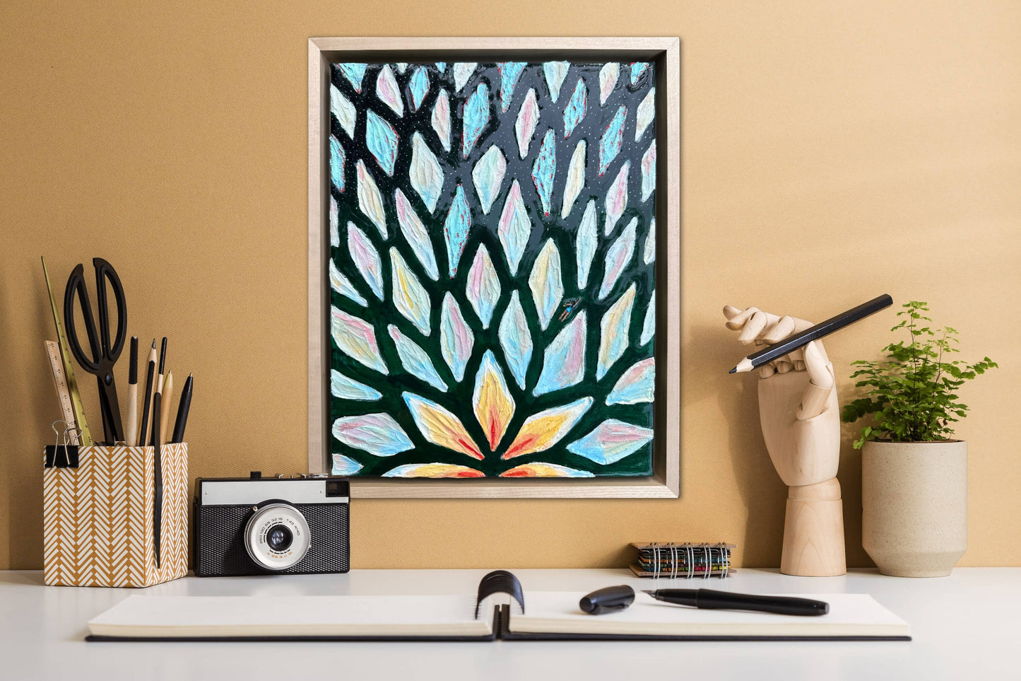 The Path of the White Lotus - 11x14in Mixed Media; Sand, Acrylic & Resin on Canvas Framed